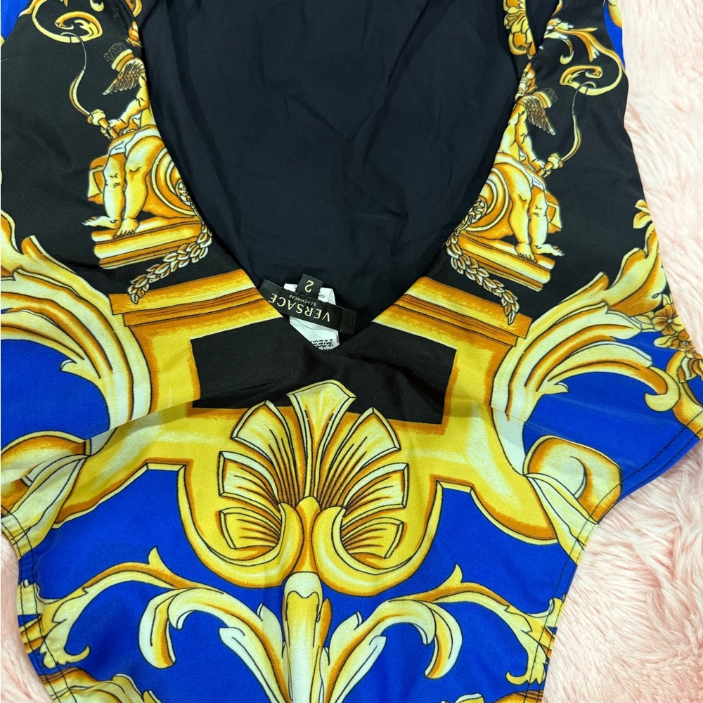 Versace Gold and Black Graphic Tie Front Bodysuit
